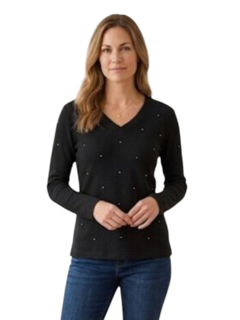 Quacker Factory Black Waffle Knit V-Neck Long Sleeve Sweater with Rhinestone